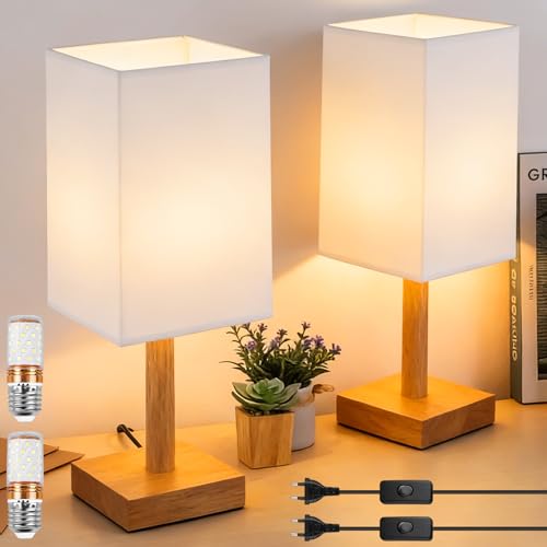 Behogan Lot de 2 lampes de chevet design rétro, lampes de chevet, 3 niveaux de luminosité réglables, blanc chaud, abat-jour en lin, lampe de table pour...