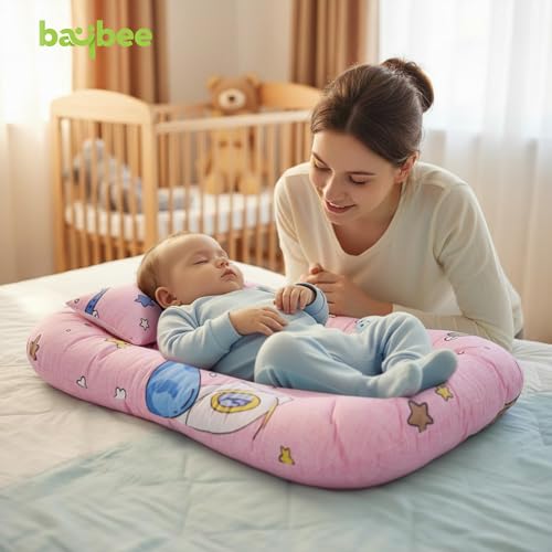 Image of BAYBEE 3 in 1 Baby Bedding Set with New Born Mosquito Net, Bed Mattress & Neck Pillow, Foldable Portable Nest Travel Bed, Baby Gift for Boy Girl (Lite Pink)