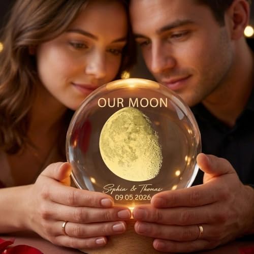 Image of Evamall Custom Our Moon The Night We Got Married, Customized Crystal Ball LED Night Light, Moon Phase Print, Custom Engraved Gift for a Loving Couple