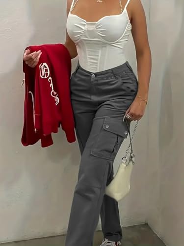 Women's Cargo Pants Jeans High Waisted Baggy Y2K Stretchy Wide Leg Straight Casual Pants Streetwear with 6 Pockets3