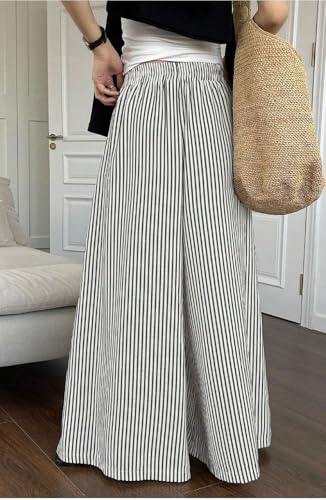 CHARTOU Women Summer Stripes Wide Leg Pants Casual Loose Fit Elastic High Waist Baggy Pants with Pockets4
