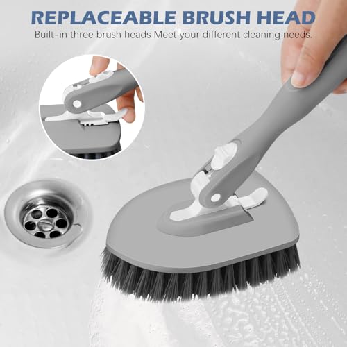 Image of SetSail Tile Tub Scrubber Brush 3-in-1 Shower Scrubber with Adjustable Long Handle Shower Cleaner Brush and 3 Detachable Replacement Brush Heads for Cleaning Bathroom Kitchen Walls Tub Tile,Grey