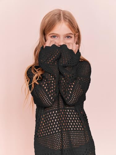 Image of Batermoon Girls Crochet Long Sleeve Swimsuit Cover Up Kids Fashion Hollow Out Swimwear Beach Dress 5-14 Years