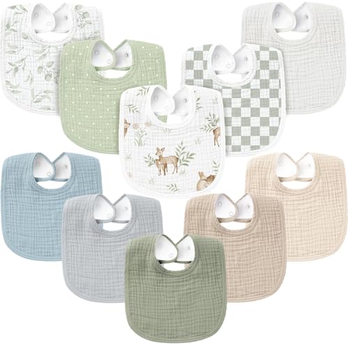 Image of Konssy 10-Pack Muslin Baby Bibs, Soft Cotton Bandana Bibs for Drooling & Teething, Unisex Solid Colors for Boys & Girls, Newborn & Infant