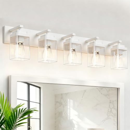 Image of White Bathroom Light Fixtures, 5 Lights Bathroom Lighting Fixtures Over Mirror, Square Design & Rectangle Large Backplate, Modern Vanity Lighting Fixtures, for Bathroom /Living Room /Bedroom