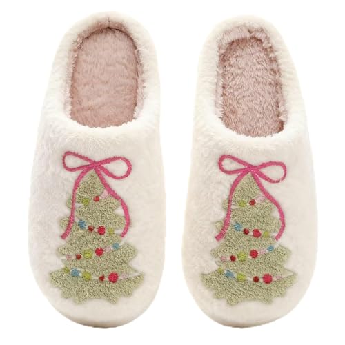 JINLONYU Christmas Slippers for Women Bow Christmas Tree House Slippers Cozy Warm Plush Fuzzy Slip On House Shoes Tree 4344