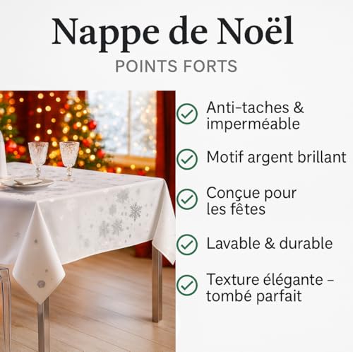 Nappe de Noël rectangulaire blanche 150x350cm anti-taches motif Argent Constellation - 5