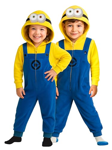 United Labels Minions Kostüm für Kinder, 146-152, Gelb Blau, Jumpsuit Unisex, Overall mit Kapuze, Einteiler für Karneval Mottoparty