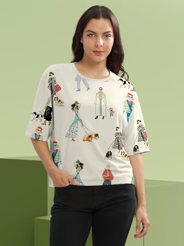 Image of HELLCAT Beige Printed Loose Fit Crew-Neck Crop T-Shirt for Women