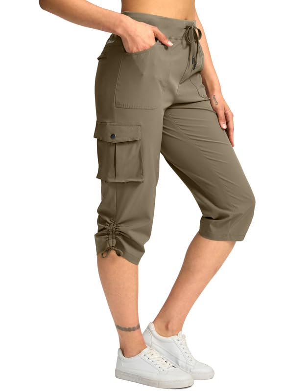 Pudolla Women's Cargo Capri Pants Hiking Travel Casual Capris with 5 Pocket