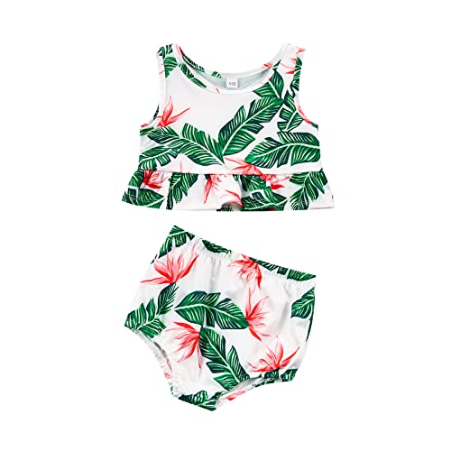 Youweixiong Toddler Baby Girls Summer Swimsuit Graphic Sleeveless Ruffle Tankini Top Bikini Shorts 2 Piece Bathing Suit Beach Swimwear (Green Leaf, 18-24 Months)