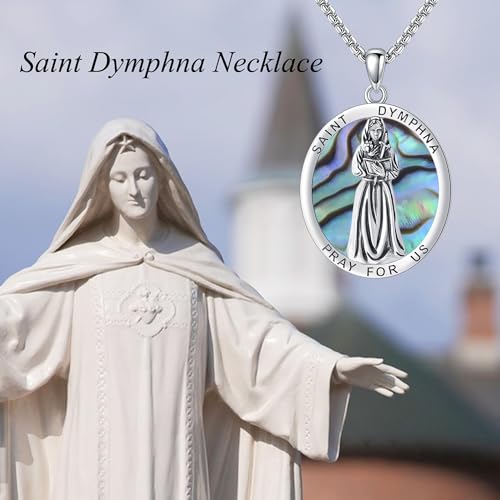 St Dymphna Necklace 925 Sterling Silver Abalone Shell Saint Dymphna Pendant Catholic Mother's Day Jewelry for Women Mom4