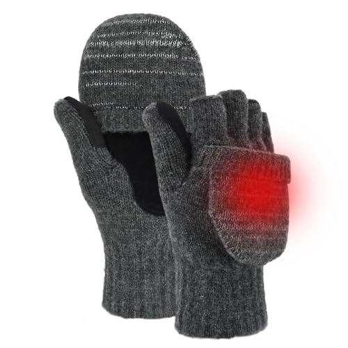 BERGWEISER Flip Winter Gloves, Wool Fingerless Gloves for Women Men Cold Weather, Mittens with Reflective & Magnetic Button Closure for Christmas Gifts