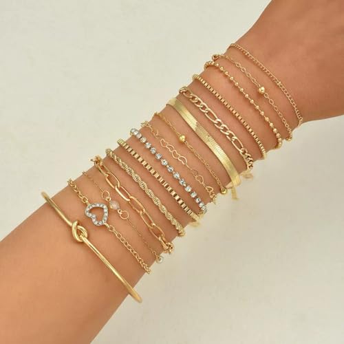 JSTHHTT 24 Stück Armband Damen Gold, Stapelbare Armbänder Damen Gold, Armband Set Gold, Schmuck Damen, Goldschmuck dDamen, Verstellbaren, Wasserdicht, Modeschmuck Geschenk Set für dDamen Mädchen – Bild 5