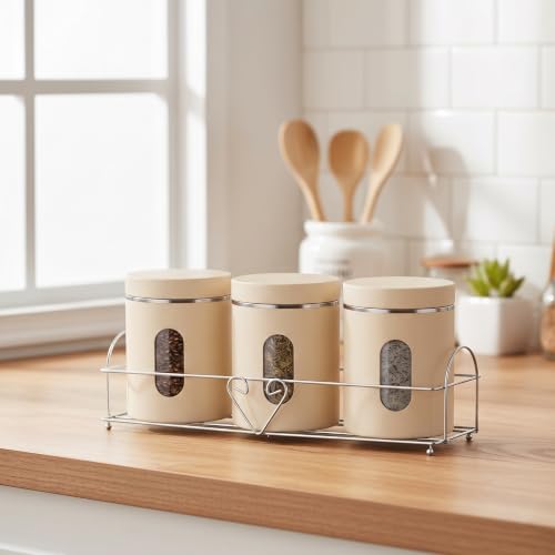 Image of Airtight Plastic Storage Container Set of 3, 700ml BPA-Free Food Grade Kitchen Jars with Transparent Window, Leakproof Canisters for Coffee, Sugar, Tea, Snacks & Dry Food (CREAM)