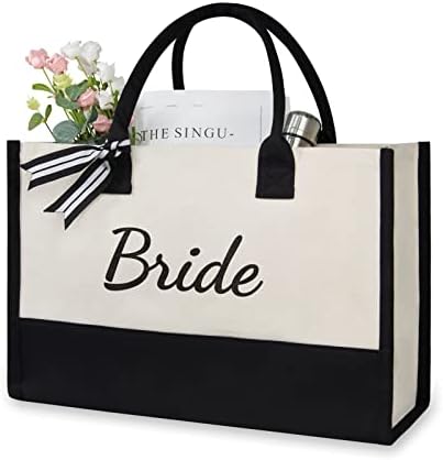 TOPDesign Canvas Tote Bag for Bride, Personalized Bride Gifts for Wedding Bridal Shower Bachelorette Party Engagement Honeymoon, Bridal Accessories Newlyweds Present