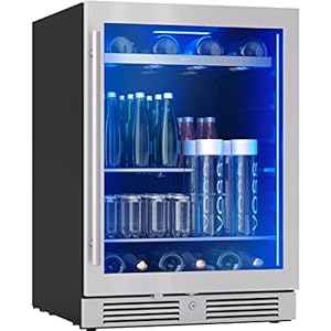Zephyr Presrv 24 Inch Wine Fridge Single Zone Under Counter – Beverage and Wine Cooler Cellars Cabinet Wine Bar Drink Refrigerator for Home Freestanding with Glass Door, 13 bottles, 84×12 oz cans
