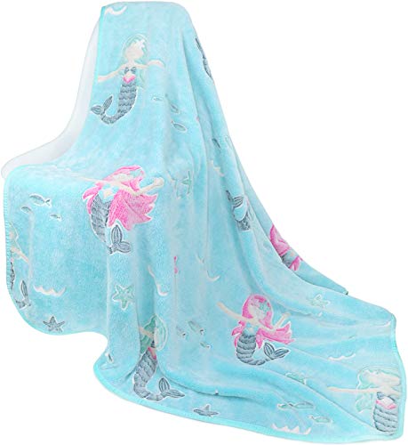 Lamdgbway Glow in The Dark Throw Blanket Couverture Lumineuse pour Enfants Teen Girls Soft Flannel 60in X 50in Cadeaux Personnalisés pour Les Amis Anniversaire Noël Sirène Cover