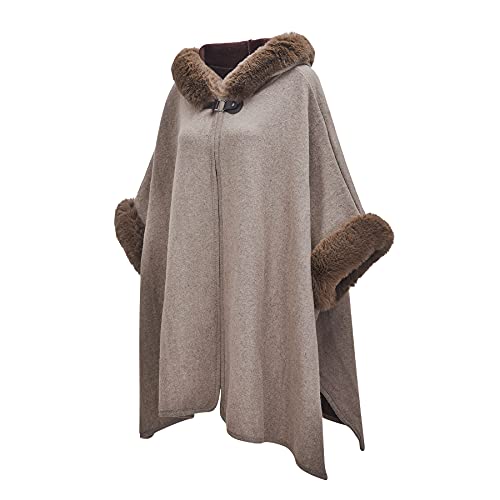 Image of ZLYC Women Winter Fashion Faux Fur Trim Layers Hooded Cardigan Warm Cape Sweater Cloak