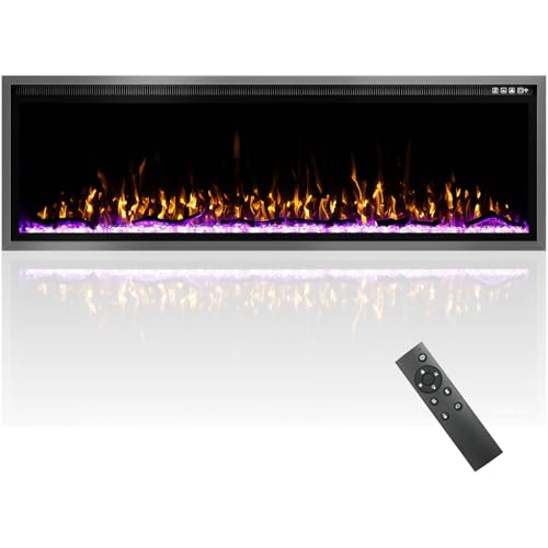 Kucreiheat 60 inch Electric Fireplace Inserts/Wall Mounted, Log & Crystal Option, Ultra Narrow Frame Fireplace-Wall Fireplace Electric w/Remote Control, Thermostat, Timer, 750w/1500w
