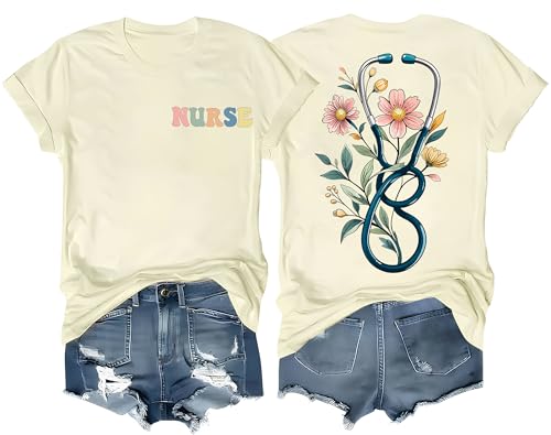 Nurse Shirts for Women Nurse Life T Shirt Funny Boho Floral Stethoscope Graphic Shirt
