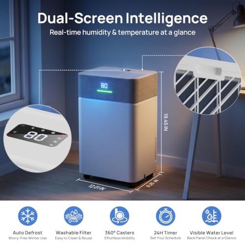 Image of Uthfy 2500Sq.Ft Dehumidifier for Basement with Drain Hose,Large Quiet Smart Compressor Dehumidifiers for Home /Bedroom /Bathroom,Reusable Filter,Dual-Screen,Child Lock,Intelligent Humidistat,24H Timer