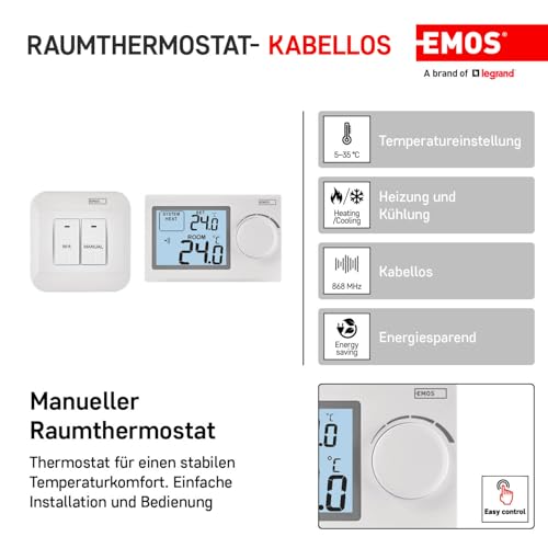 EMOS - digitaler Raumthermostat mit LCD-Display - Sender + Empfänger Set - manuell, drahtlos - Heiz- und Kühlsysteme - Regelung 5-35 °C - 100m Reichweite - Tisch-/Wandhalterung - Batterie inkl - weiß