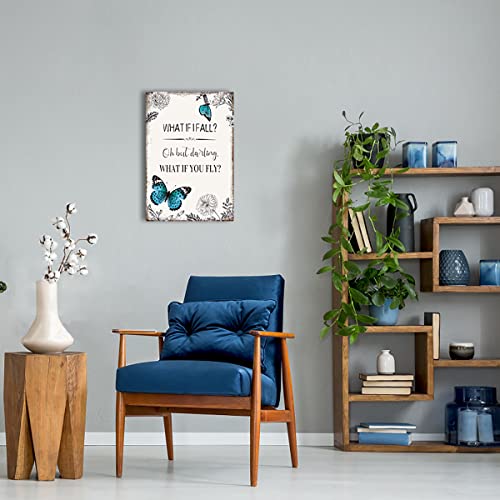 Inspirational Quote Canvas Wall Art : Motivational Posters Blue Butterfly Flower Picture Framed, What If I Fall Positive Affirmations Bedroom Decor Gift For Women Girl 10" X 15" #TOP2