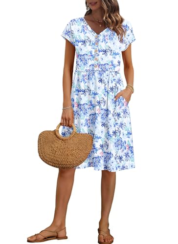Image of AUSELILY Women's Summer Short Sleeve Knee-Length V Neck Dress with Pockets | V Neck,Cap Sleeve,Loose-Fit,Casual Dresses,2026 New