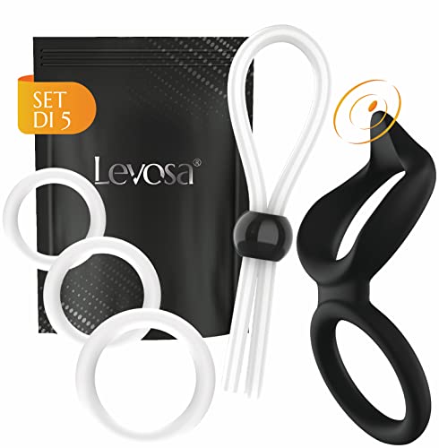 Levosa® Set di 5 anelli per pene – Cockring + doppio anello con stimolatore del clitoride e passante regolabile – per un'erezione dura e lunga