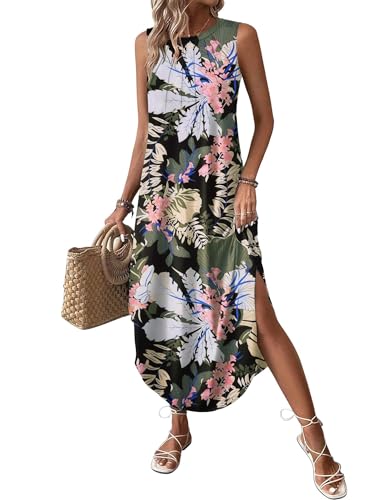 Image of Zeagoo Women Floral Summer Casual Beach Printed Tank Dress with Pockets Pleated Front Long Dress