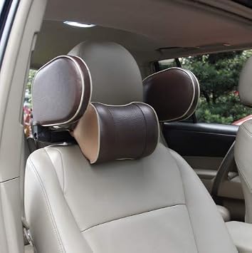 Car Seat Headrest Pillow, Support Neck Pillow Head Protection Cervical Spine Adjustable on Both Sides Telescopic Version PU Leather Universal for Kids Adults TravelBrown