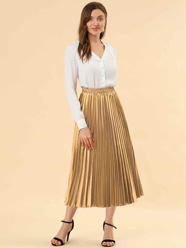 Allegra K Women Pleated Skirt Midi Length Elastic High Waisted A Line Metallic Shirring Party Skirts3