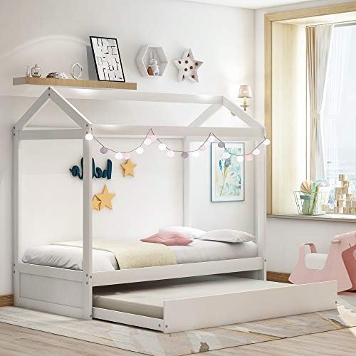 House Bed with Caster Trundle ,Daybed Standard Twin Size Bed Frame,Can Be Decorated (White)