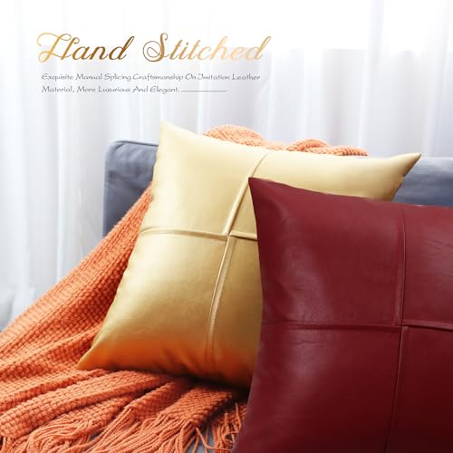 Image of BRAWARM Faux Leather Throw Pillow Covers 12 X 20 Inches, Deep Red Leather Lumbar Pillow Covers Pack of 2, Hand Stitched Leather Decorative Throw Pillows for Couch Sofa Bed Living Room Home Garden
