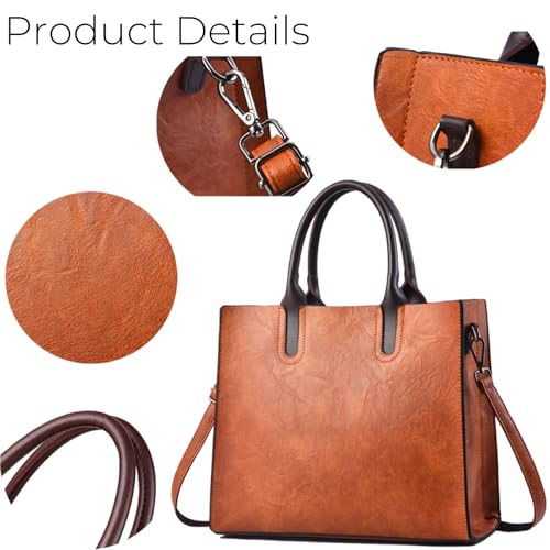 Image of Fashion Tote Handbags for Women Lightweight PU Leather Satchel Shoulder Crossbody Handbag Bags Waterproof Hobo Bag Retro Oil Wax Handle Satchel Purse Middle Size Multi Compartment Deep Red