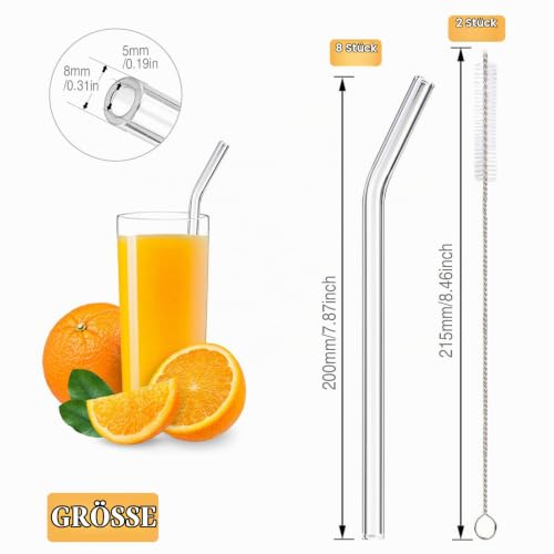 Foto von DONQL 8 Stück Glasstrohhalme mit 2 Reinigungsbürsten 20cm(Gebogen)