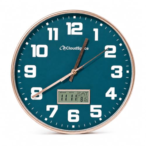 Image of Cloud Space 12 inch Silent Wall Clock Battery Operated, Non Ticking Modern Wall Clock with LCD Calendar & Fahrenheit Temperature Display, Easy-to-Read Kitchen Bedroom Office Living Room Wall Clock