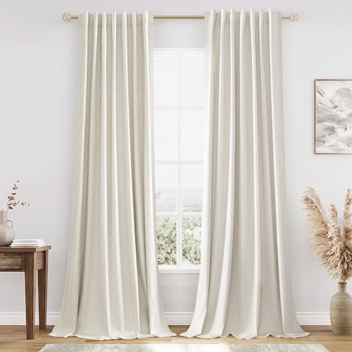Extra Long 100% Blackout Linen Curtains for Bedroom 102 Inches Long Natural Cream Black Out Curtain Back Tab Thermal Insulated Room Darkening Window Drapes for Living Room 2 Panels Beige Ivory 52x102