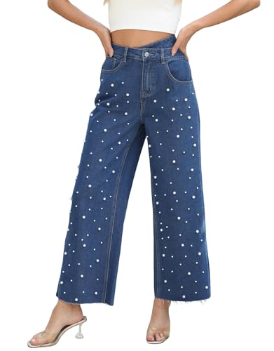 Kedera Womens High Waisted Pearl Jeans Casual Embellished Jeans Crossover Straight Leg Denim Pants with Raw Hem Dark Blue
