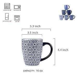 Selamica 16 oz Porcelain Coffee Mugs Set Ceramic Tea Cup with Handle dishwasher oven microwave safe Pack of 6 Vintage Blue
