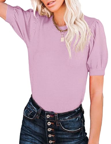Image of Womens Puff Short Sleeve Sweater Tops Crewneck Basic Knit Pullover Lightweight Casual Sweaters Violet