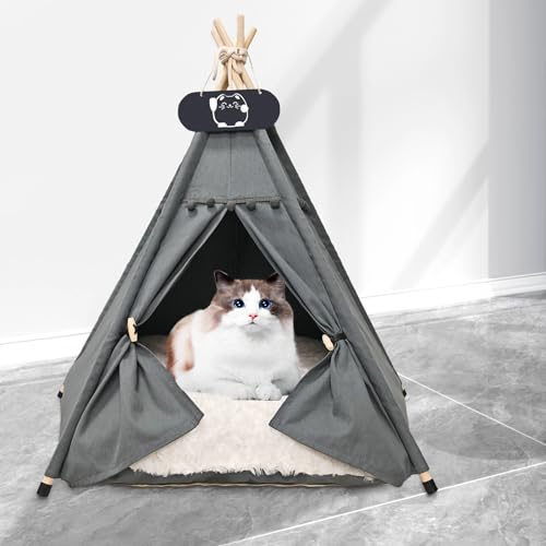 Whiwhi Tipi Zelt für Haustiere mit Doppelseitigem Kissen Hundezelt Abnehmbar und Waschbar Luxery Hundehöhle Katzenzelt und Haustierhäuser 50x50x60cm
