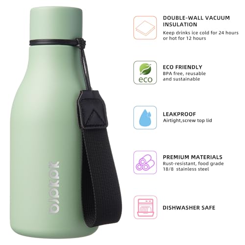 Image of BJPKPK Insulated Water Bottles, 12oz Stainless Steel Metal Water Bottle with Strap, BPA Free Leak Proof Jugs, Mugs, Flasks, Reusable Thermal Flasks for Sports & Travel, Macaron Green