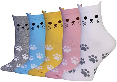 Wish Island Women's 5 Packs Cotton Crew Socks (Cat Paw)