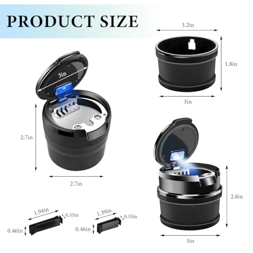Image of Car Ashtray with Lid, Detachable Smokeless Steel Ash Tray with LED Light for Car Cup Holder Air Vent, Mini Portable Ashtray Universal for Most Vehicle Interior, Home, Office (Black)
