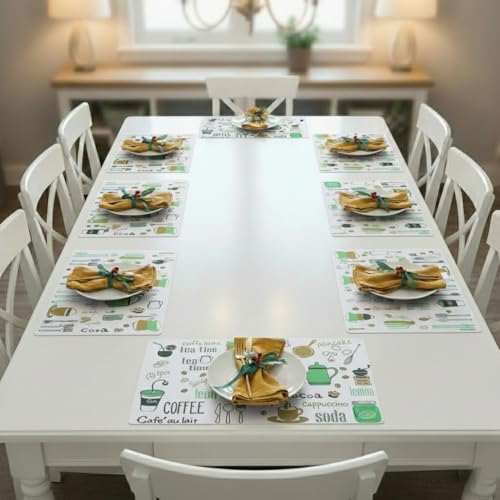 Image of YELONA Rectangular PVC Vinyl Non-Slip Insulation Heat-Resistant & Waterproof Stain Resistant Washable Placemat for Dining & Kitchen Table-(White & Dark Green,Set of 8)