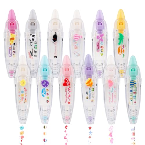 NQEUEPN 12 Piezas Bolígrafo de Cinta Decorativa, Lindo Cinta de Corrección Decorativa Tipo Prensa Bolígrafo de Cinta Correctora Animal para Niños Niñas Regalo Profesor Recompensas de Clase (12 Temas)