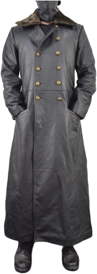 World War 2 Leather German Coat - Waffen Elite Officers Military Uniform Coat - WW2 Fur Collar Black Long Trench Leather Coat