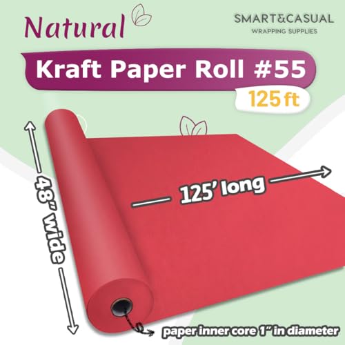 Image of SMART&CASUAL 48 inch x 1,500 inch (125') Red Kraft Craft Paper Roll for Gift Wrapping Bulletin Board Bouquet Flower Art Packing Parcel Table Covering 80GSM 55LB (Red, 48 inch x 125')